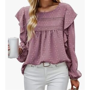 Swiss Dot Ruffle Shoulder Crochet Lace Trim Blouse Top sz Large